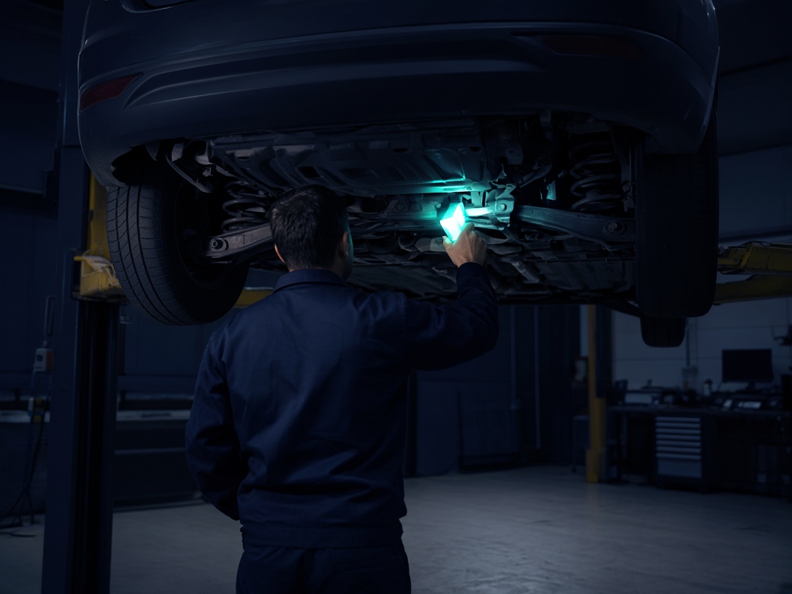 Mechanical inspection of a used car on a workshop lift