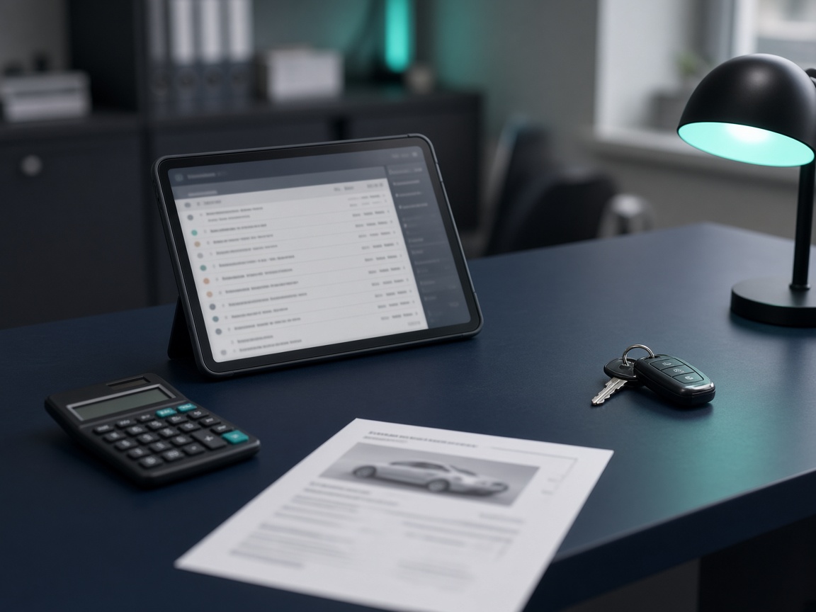 Dealer desk with vehicle paperwork and an auction tablet