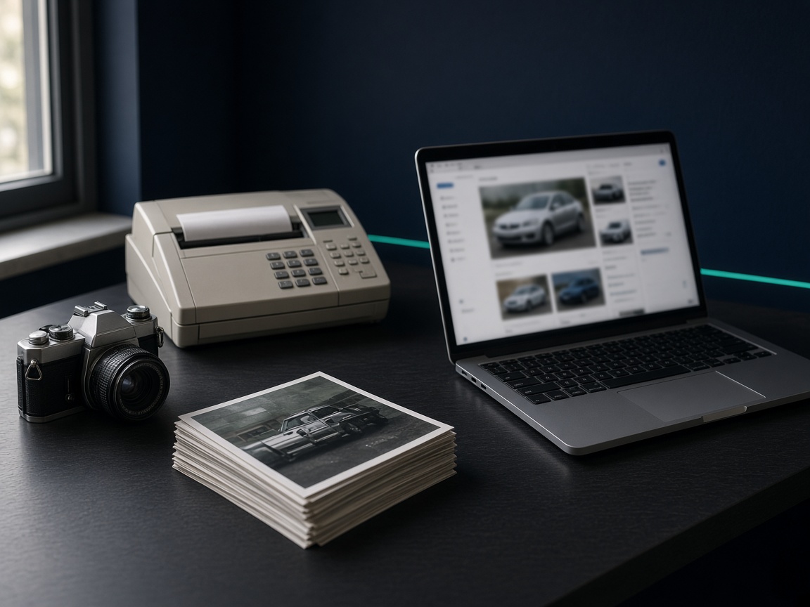Used-car office with printed photos, a fax machine and a laptop for listing cars