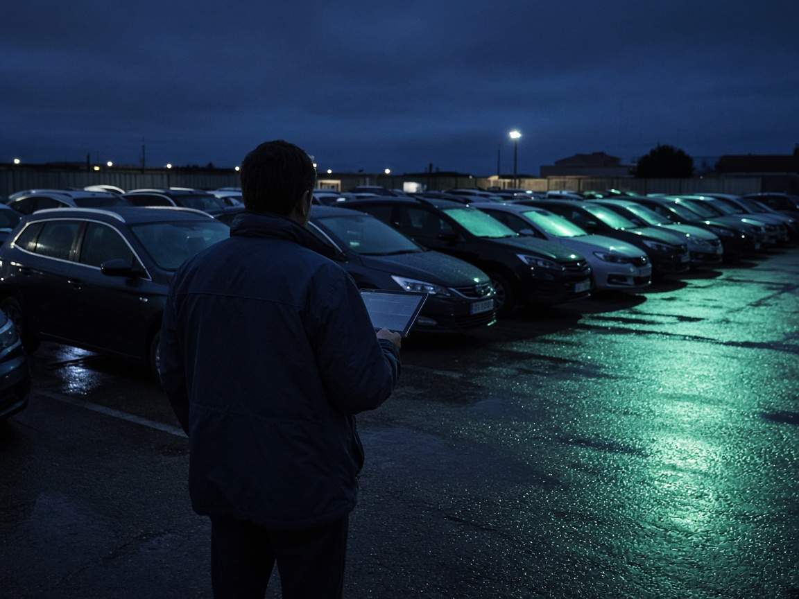 Professional checking used-car stock in a yard at dusk
